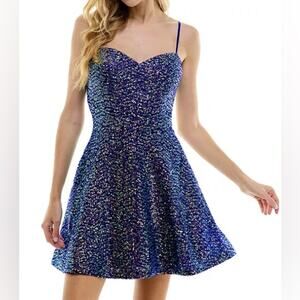 CITY STUDIO Juniors' Sequin Open-Back Fit & Flare Dress Royal Blue Sz 3/4